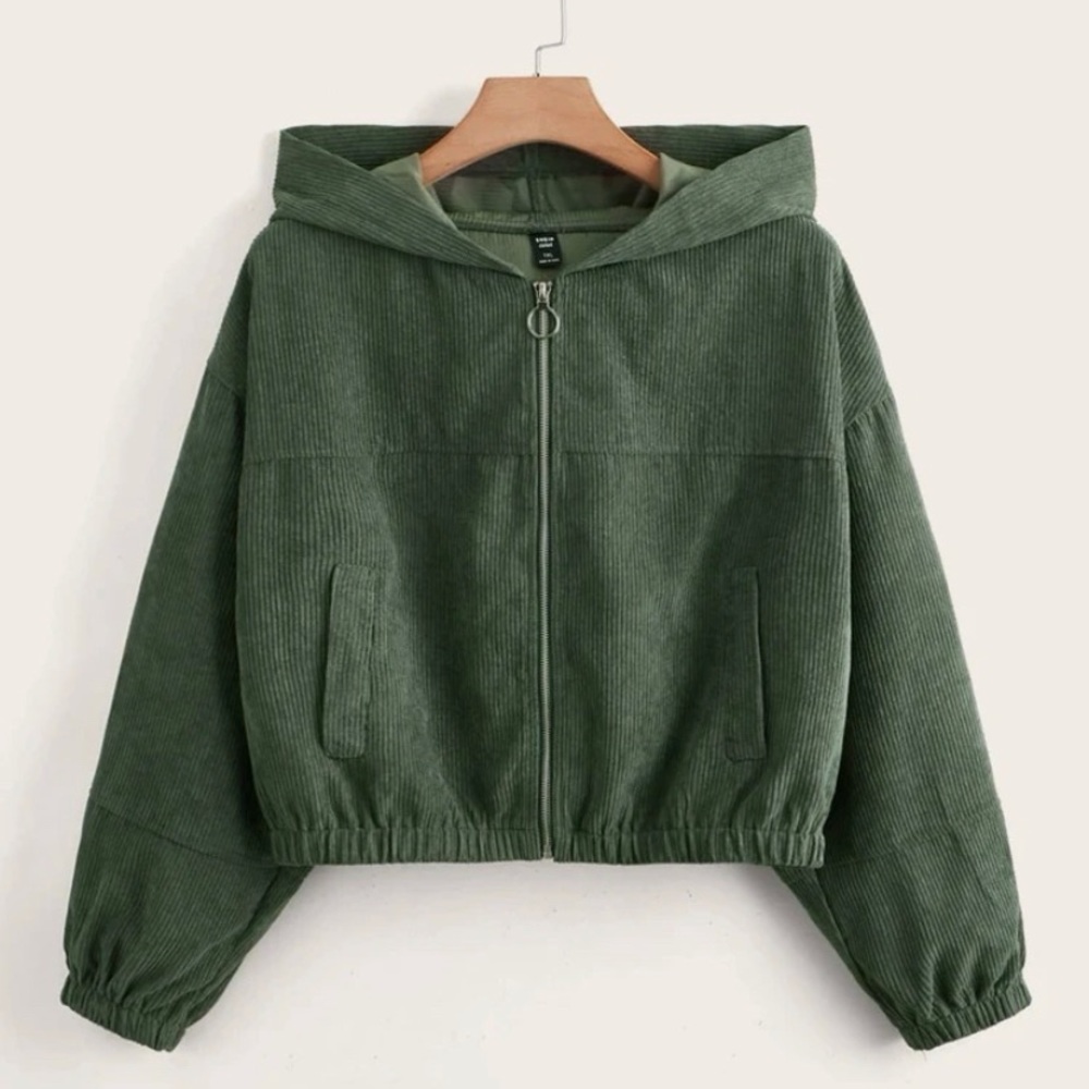 Cropped Green Corduroy Zip Up Hooded Jacket